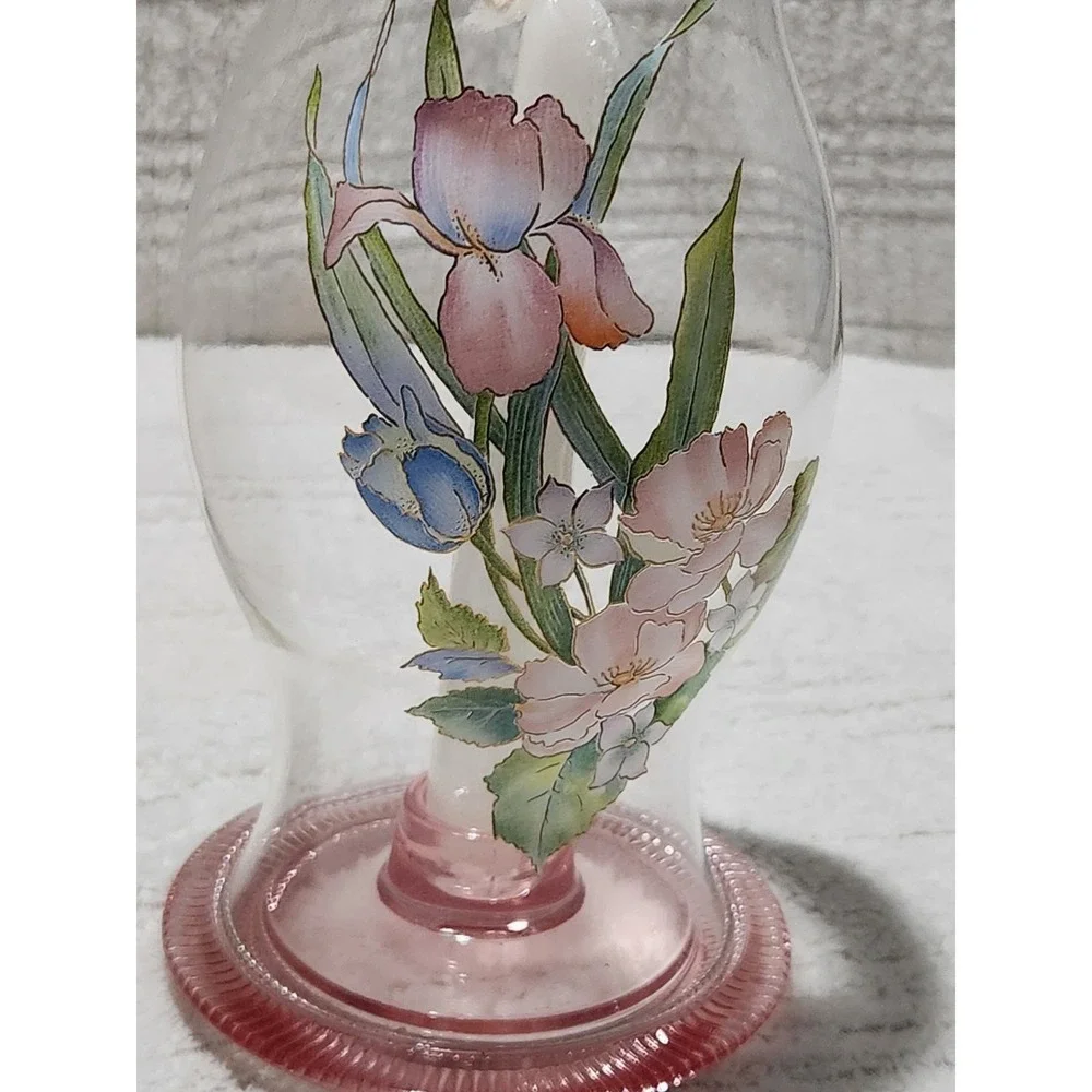 Vintage Smith Hand‎ Crafted Glass Floral Hurricane Candlestick Holder Pink Base